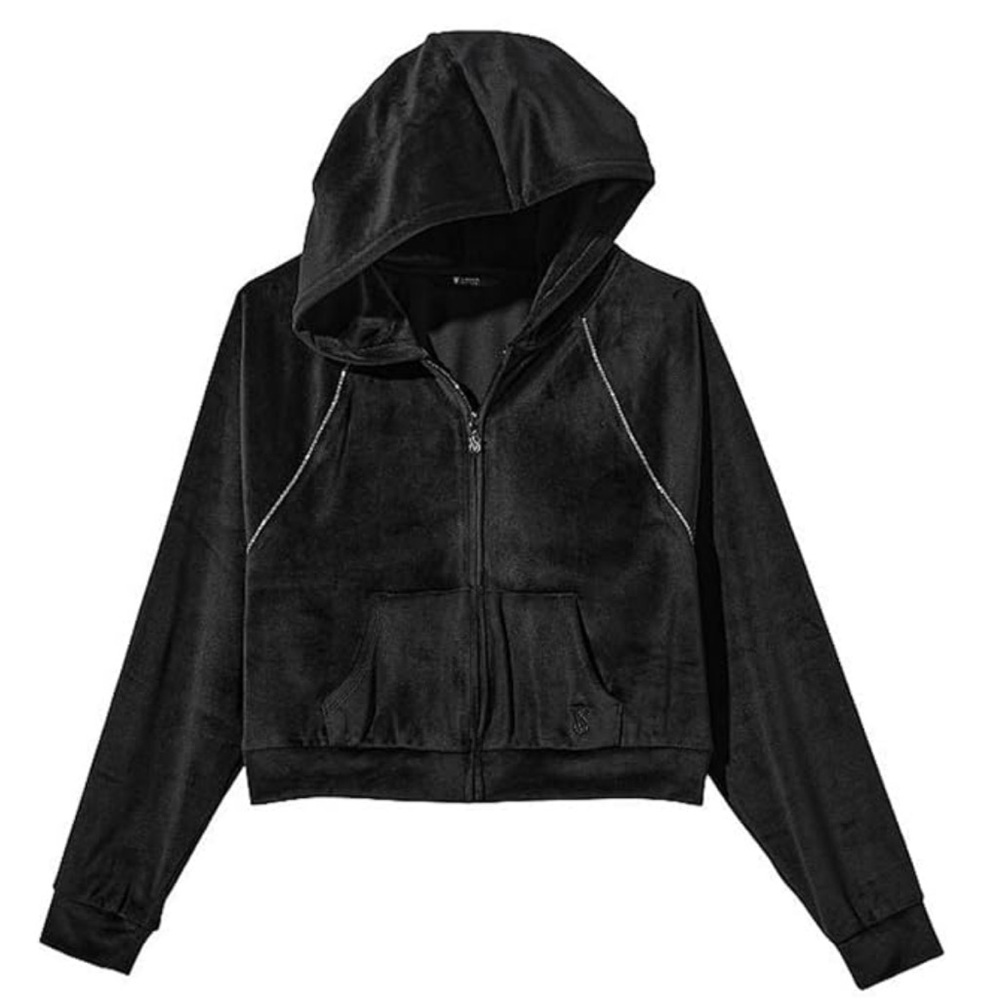 Victoria's Secret Velour Full Zip Rhinestone Hoodie in Black